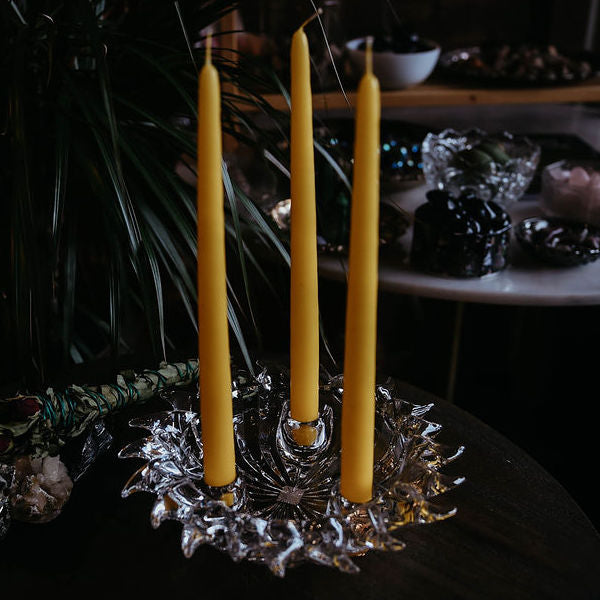 yellow taper candles standing up
